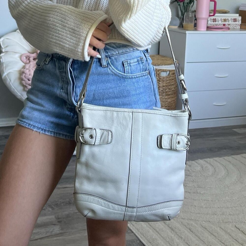 Coach Women's White Leather Shoulder Bag with Buckle Accents